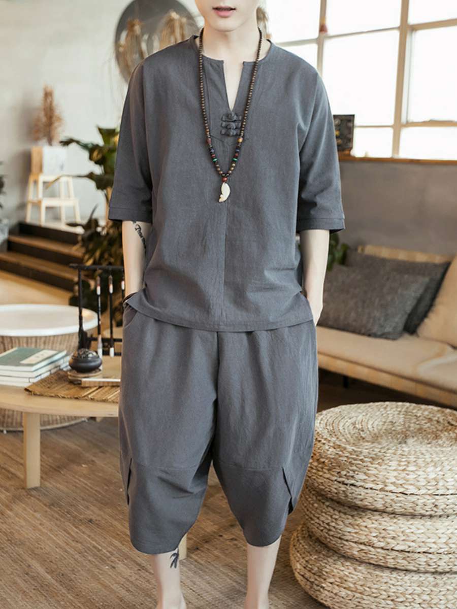 Summer Clothing Staples - New Men's Linen T-Shirt Set Buddhist