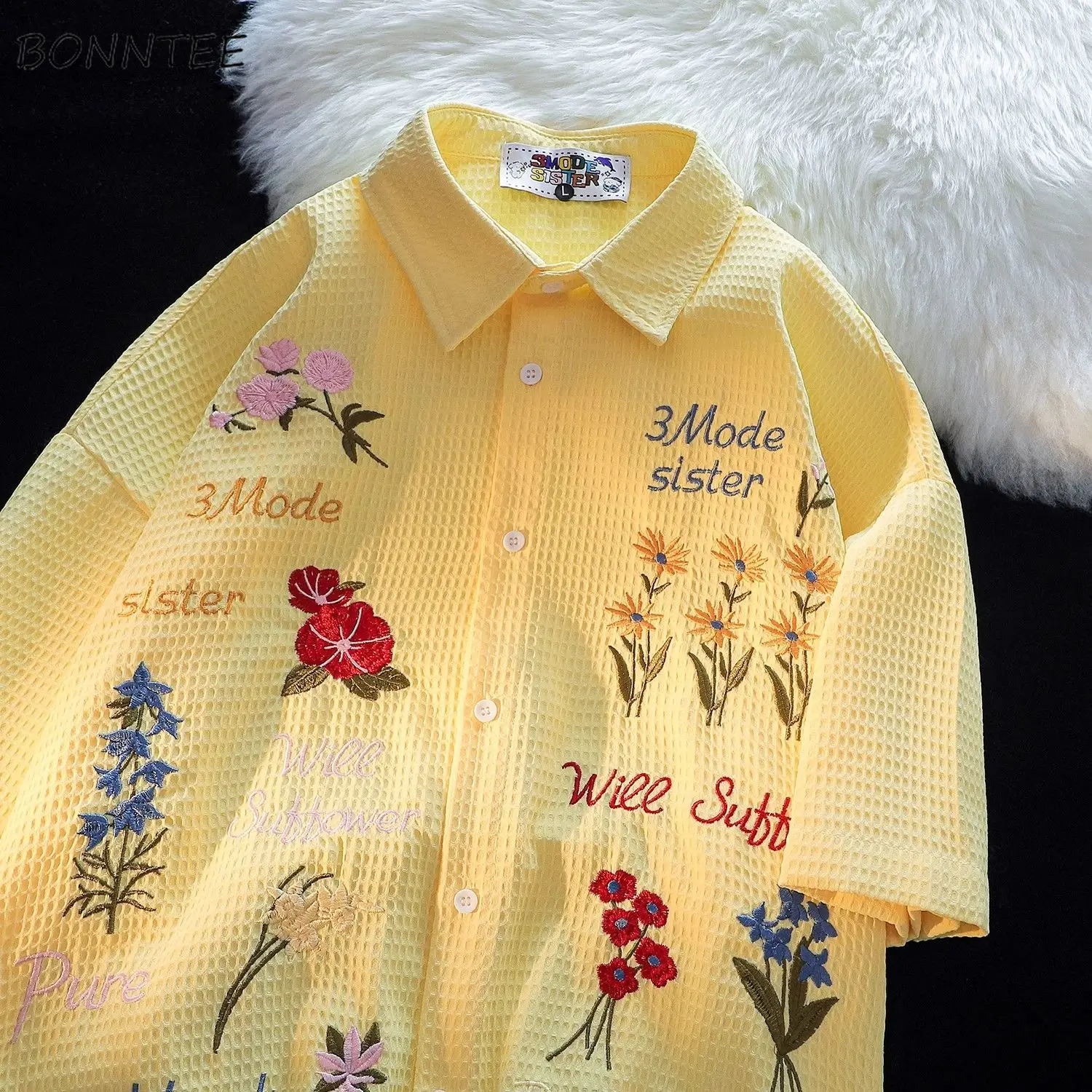 Waffle Floral Embroidery Shirt - Summer Holiday Clothing Women 리뷰 및 가격
