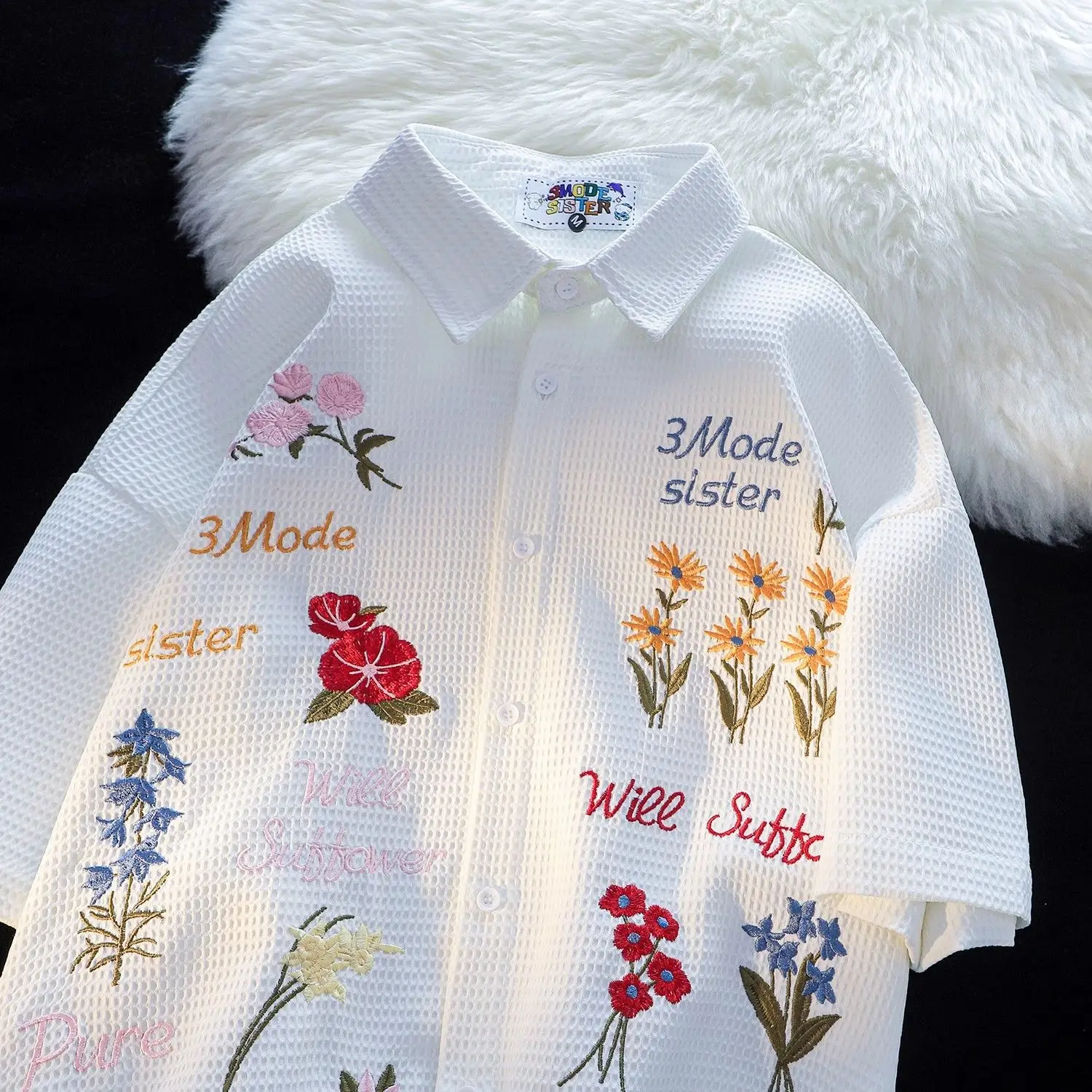 Waffle Floral Embroidery Shirt - Summer Holiday Clothing Women 리뷰 및 가격