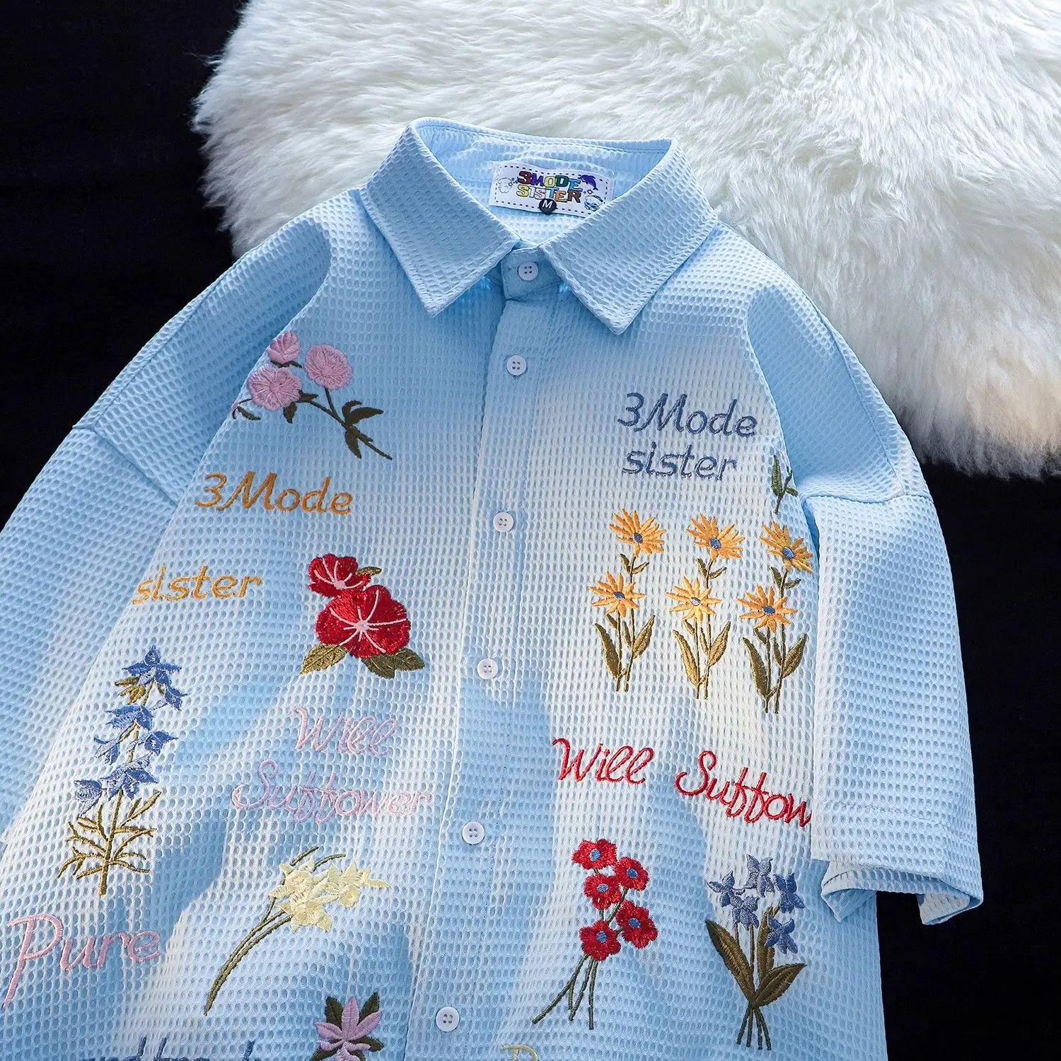 Waffle Floral Embroidery Shirt - Summer Holiday Clothing Women 리뷰 및 가격