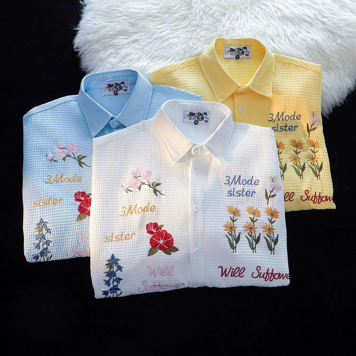 Waffle Floral Embroidery Shirt - Summer Holiday Clothing Women 리뷰 및 가격