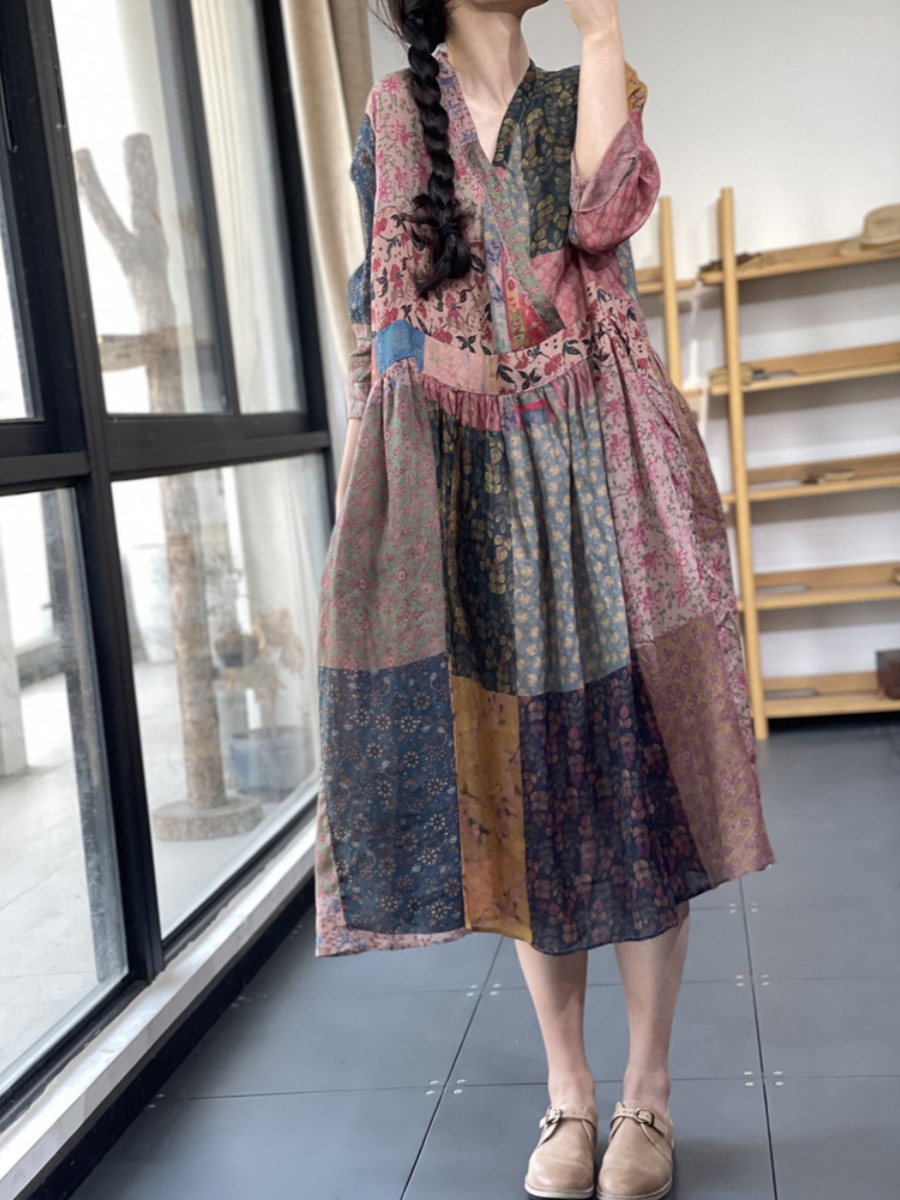 Elegant Loose V-Neck Printed E - Summer Line Clothing Brand 리뷰 및 가격