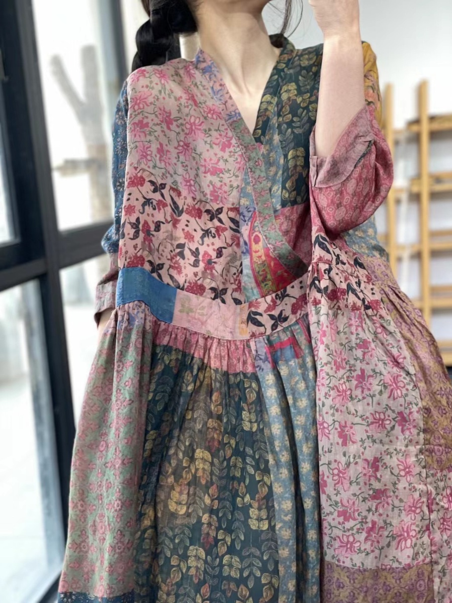 Elegant Loose V-Neck Printed E - Summer Line Clothing Brand 리뷰 및 가격