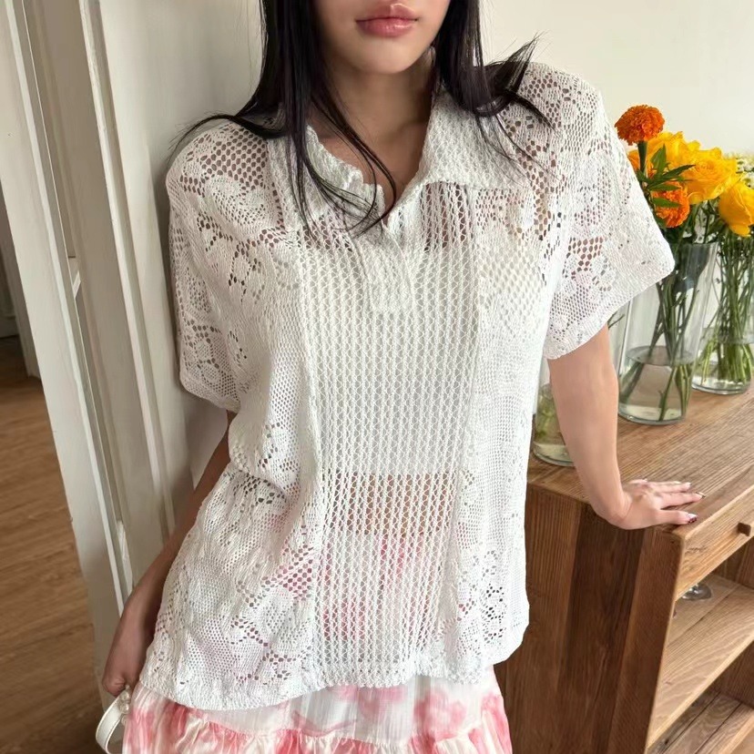 Retro  Collar Lace Shirt Women - Summer Clothing Online 리뷰 및 가격